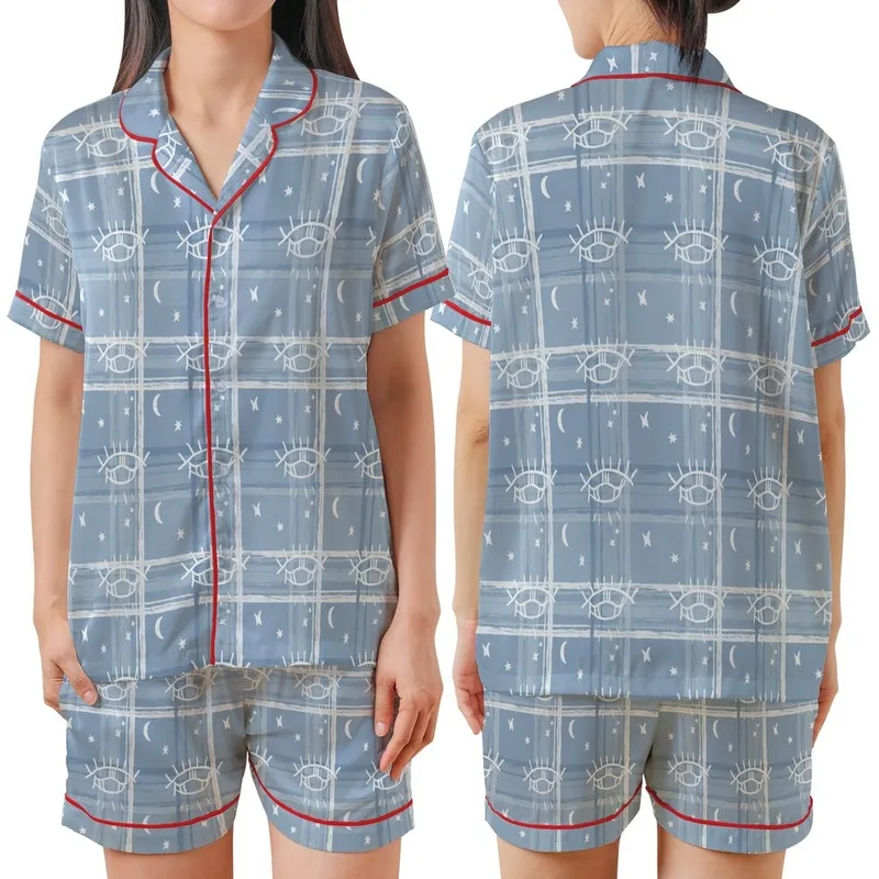 Celestial Dreamer's Stylized Closed Eye & Crescent Moon Design: Muted Dusty Blue Tartan Plaid Satin Short-Sleeve Pajamas Set - 1