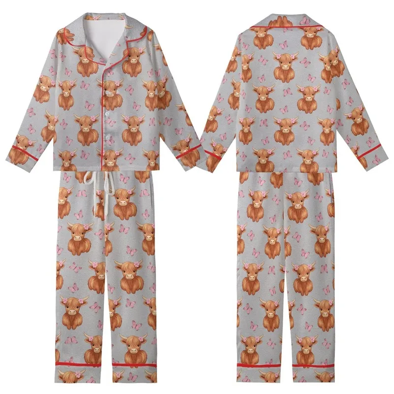 Baby Cow Lover's Reddish-Brown Highland Calf & Delicate Pink Butterfly Heather Grey Pattern Wearable Kid Satin Pajamas Set - XIzjjMcHuL