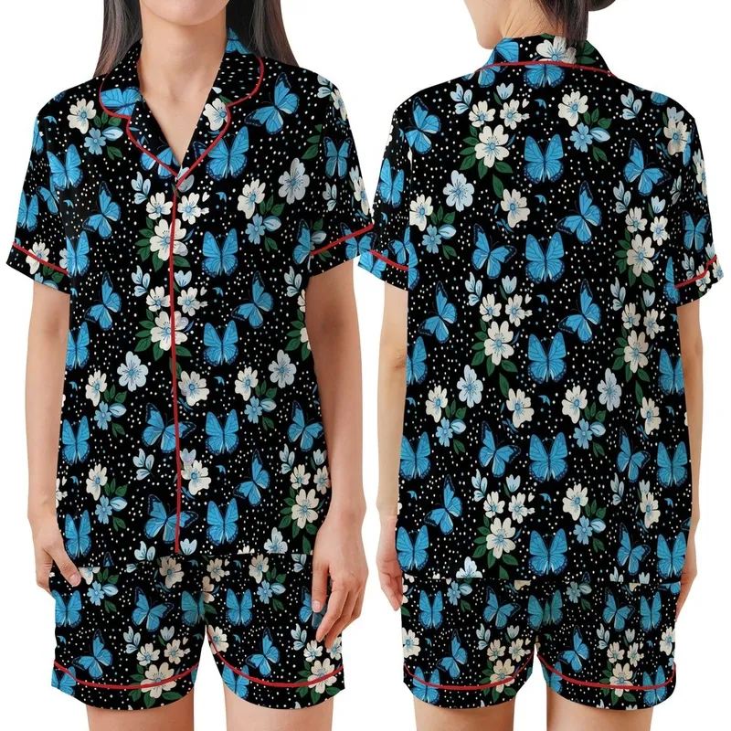 Nature Lover's Azure Indigo Butterfly White Blue Blossom Black Comfortwear Piece Satin Short-Sleeve Pajamas Set - 1