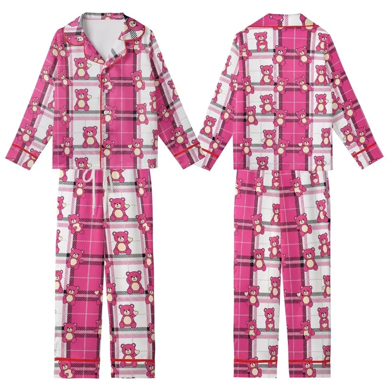 Playful Soul's Loungewear: Vibrant Pink Plaid, Cartoon Bears with Cream Snouts & Hearts Kid Satin Pajamas Set - S8M_45J-kj
