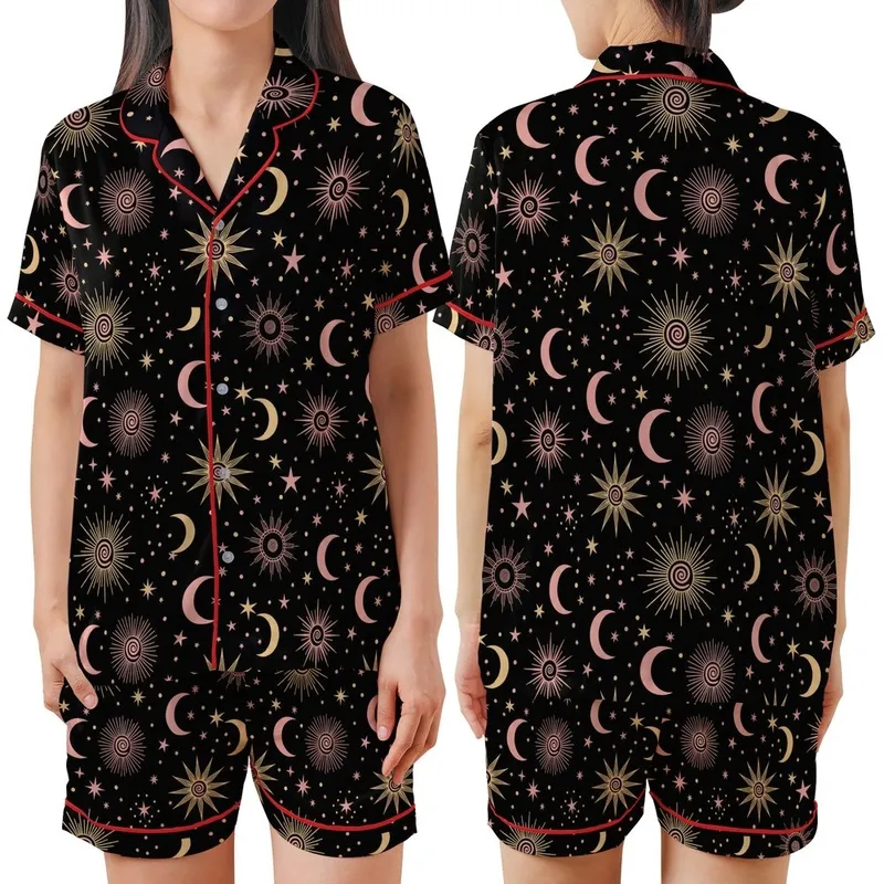 Stargazer's Golden & Rose Celestial Sun Moon Star Pattern - Deep Black Wearable Satin Short-Sleeve Pajamas Set - PCUHDhBJz-
