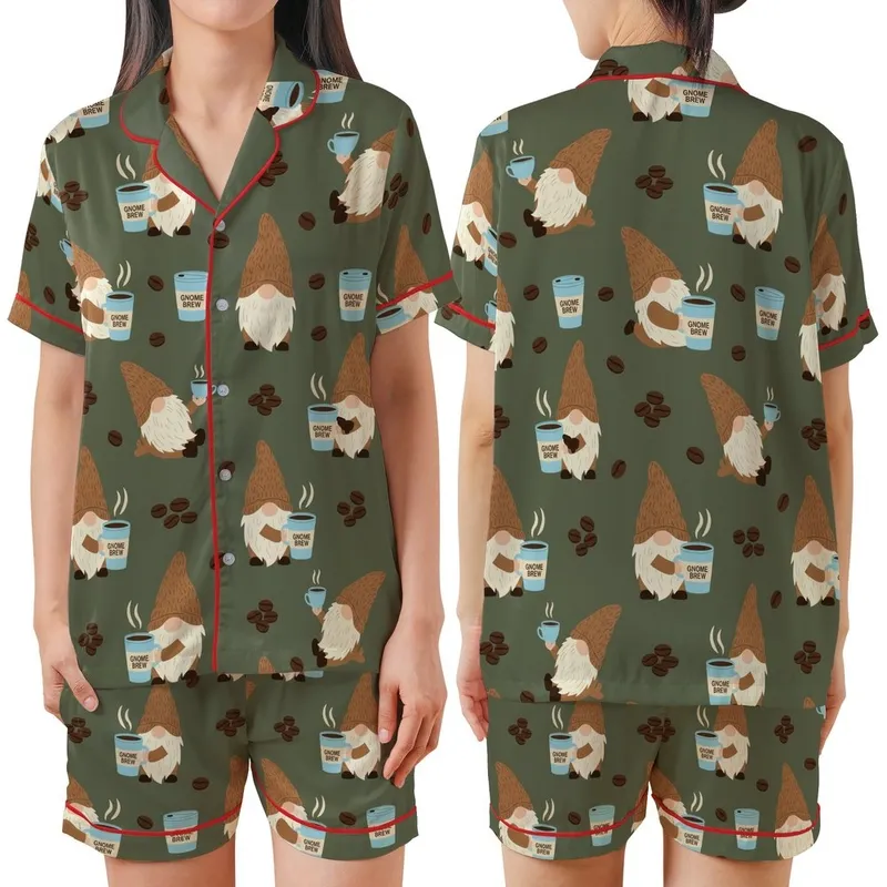 Gnome Coffee Lovers: Whimsical Gnomes & Espresso Beans - Deep Olive Green Cozy Loungewear Piece Satin Short-Sleeve Pajamas Set - 1