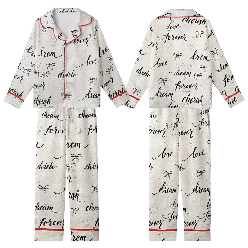 Romantic Soul's Ecru & Black Calligraphy Script: Love, Dream, Cherish Filigree Keepsake Kid Satin Pajamas Set - 1