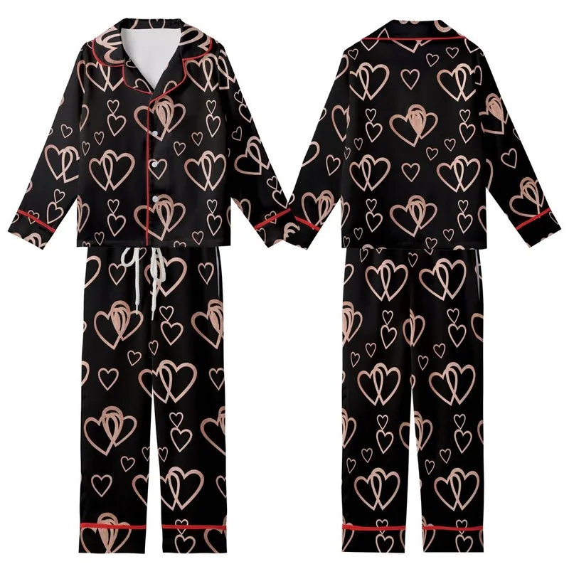Elegant Style: Overlapping Rose Gold Copper Heart Motifs Black Pattern Kid Satin Pajamas Set - 1
