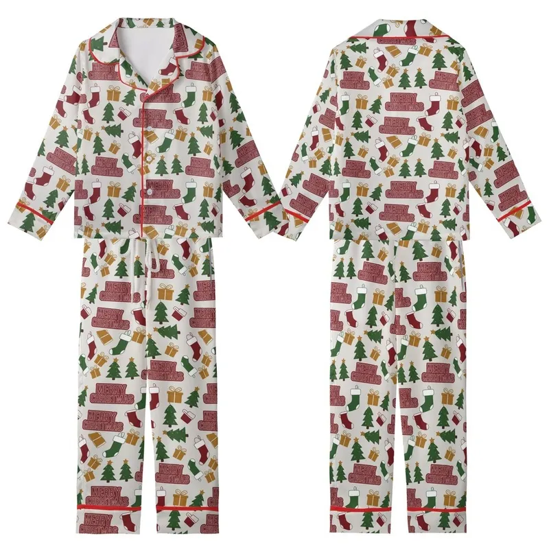 Festive Celebrator's Merry Christmas Text Tree Present Stocking All-Over Pattern Fabric Kid Satin Pajamas Set - 1