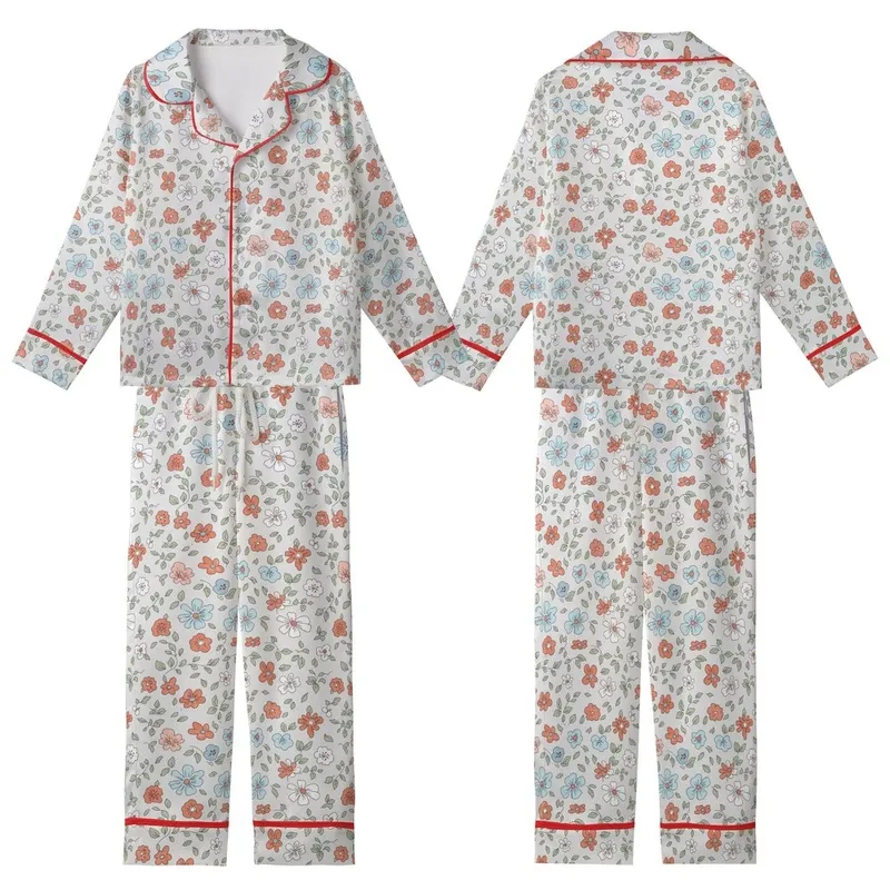 Delicate Floral Dream: Muted Terracotta Blue Pink Blossom & Vine Motif on Silver-Grey - Wearable Fabric Satin Short-Sleeve Pajamas Set - 0VMlhIO0Cp