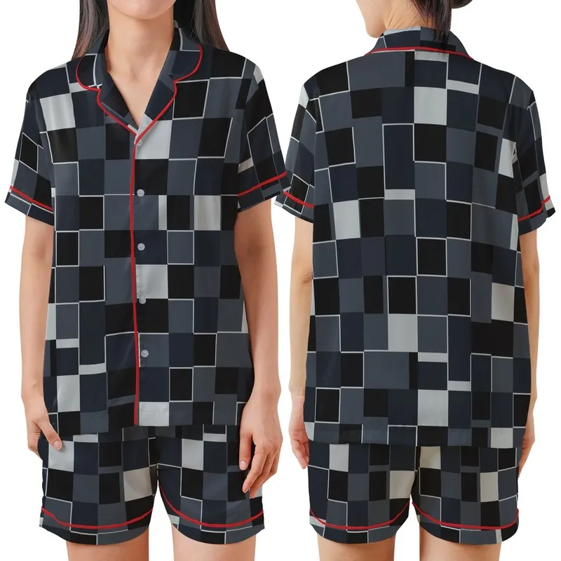 Contemporary Chic Interlocking Geometric Black Grey Abstract Pattern Designer Scarf Satin Short-Sleeve Pajamas Set - 1
