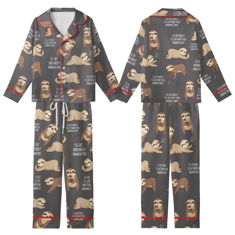 Sloth Lover's Dramatic Cartoon Sloth 'I'll Get Over It' Text Pattern Casual Wear Kid Satin Pajamas Set - 1