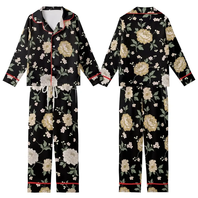 Elegant Floral Embellishment: Peony & Cherry Blossom Motif - Deep Black, Muted Gold & Sage Palette Kid Satin Pajamas Set - 1