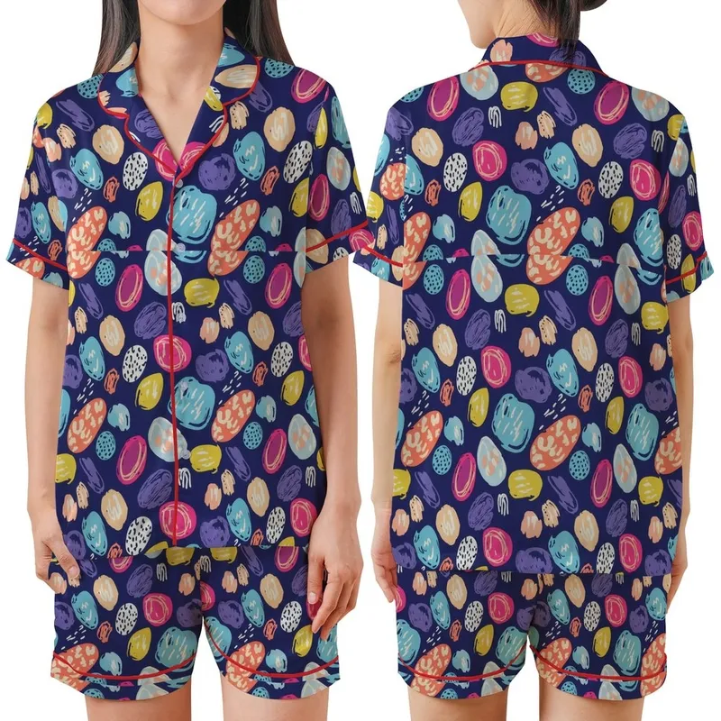 Whimsical Navy Abstract: Hand-Drawn Organic Splotches Pattern - Multi-Color Wearable Satin Short-Sleeve Pajamas Set - 1