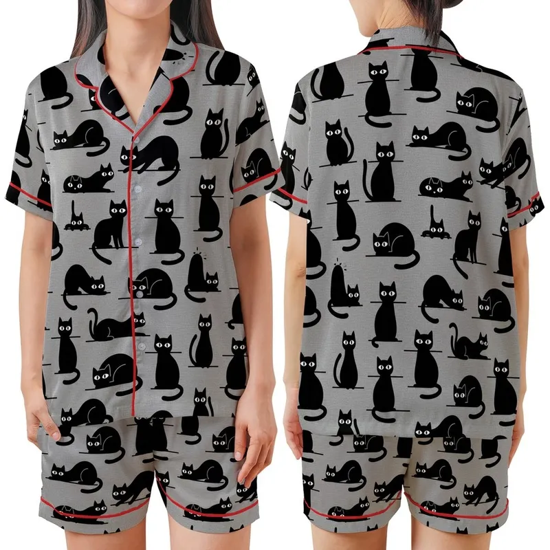 Cat Lover's Minimalist Black Cat Silhouettes Playful Poses Heather Grey Loungewear Satin Short-Sleeve Pajamas Set - hG01zLhSF8