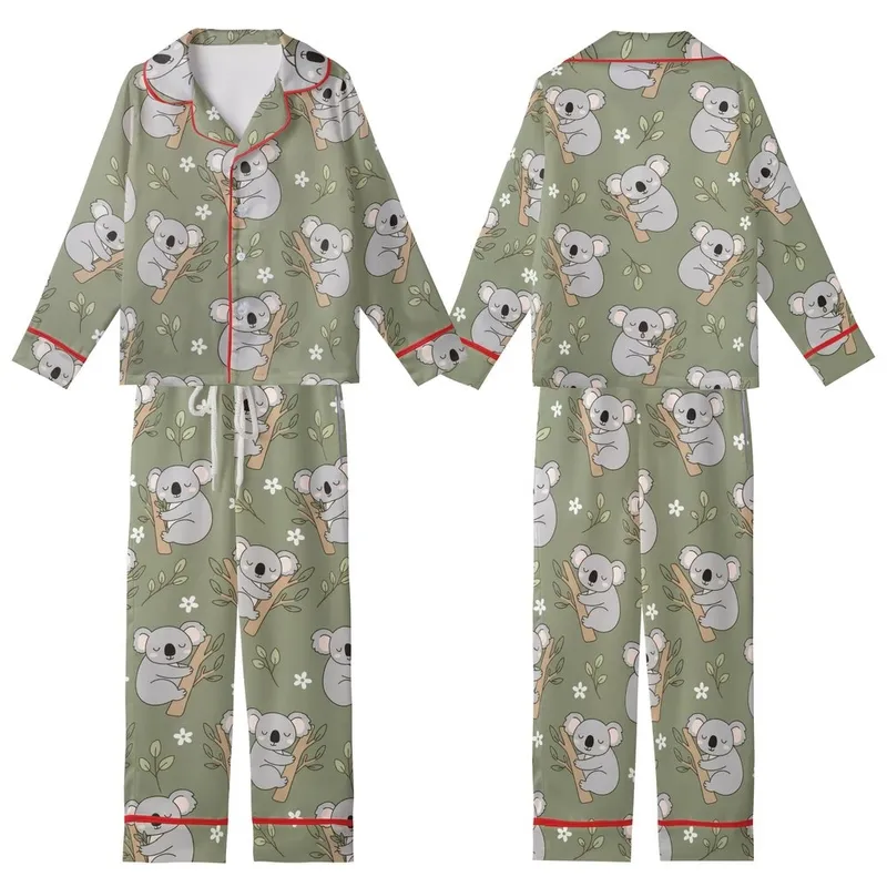 Koala Lover's Dream: Sleepy Grey Koalas & Eucalyptus Leaves on Muted Olive Green Comfort Item Kid Satin Pajamas Set - nlbu7YgARl