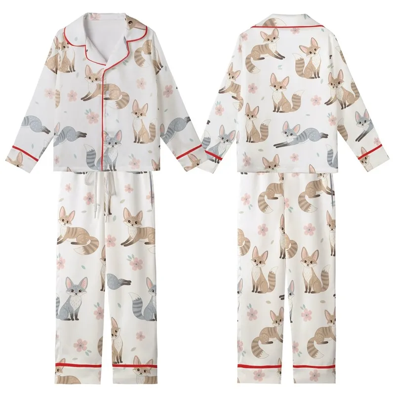 Whimsical Fox Lover's Playful Fennec Fox, Striped Fur, Pastel Cherry Blossom Designed Wear Kid Satin Pajamas Set - 1