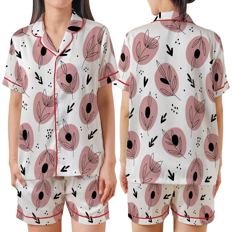 Women's Hand-Drawn Abstract Soft Pink Petal & Bold Black Botanical Outline Motif Satin Short-Sleeve Pajamas Set - XWp1emScS2