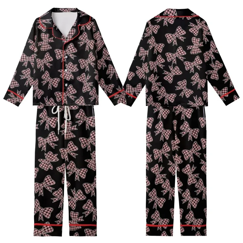Chic Style Pink Plaid Bows Seamless Pattern on Black Customizable Item Satin Short-Sleeve Pajamas Set - xmtGWIYIuu