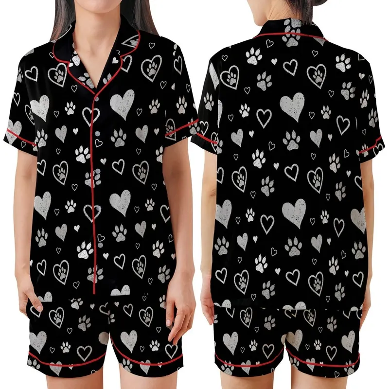 Heart & Paw Fan: Distressed Brush-Stroke Hearts & Paw Prints – Chalky White & Grey Scattered Design Item Satin Short-Sleeve Pajamas Set - 1
