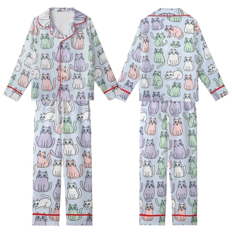Cat Lover's Pastel Cartoon Cats: Winking Curious Kitten Print Design Satin Short-Sleeve Pajamas Set - P2qz_YTOFJ