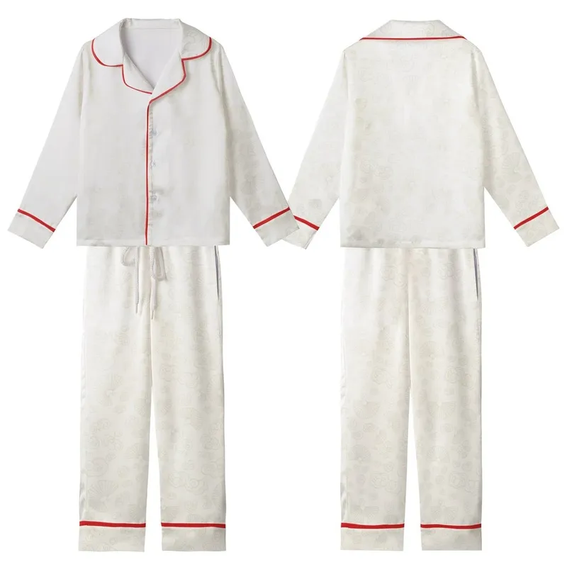 Serene East Asian Ruyi Cloud Fan Pattern: Off-White & Grey-Green Wearable Satin Short-Sleeve Pajamas Set - XbRwgXnej1