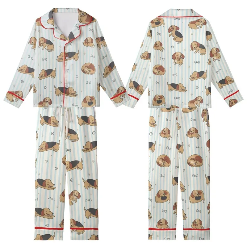 Dog Lover Dreamy Sleep Set: Sleepy Dachshund Beagle Pattern, Creamy Blue Stripes Kid Satin Pajamas Set - 1