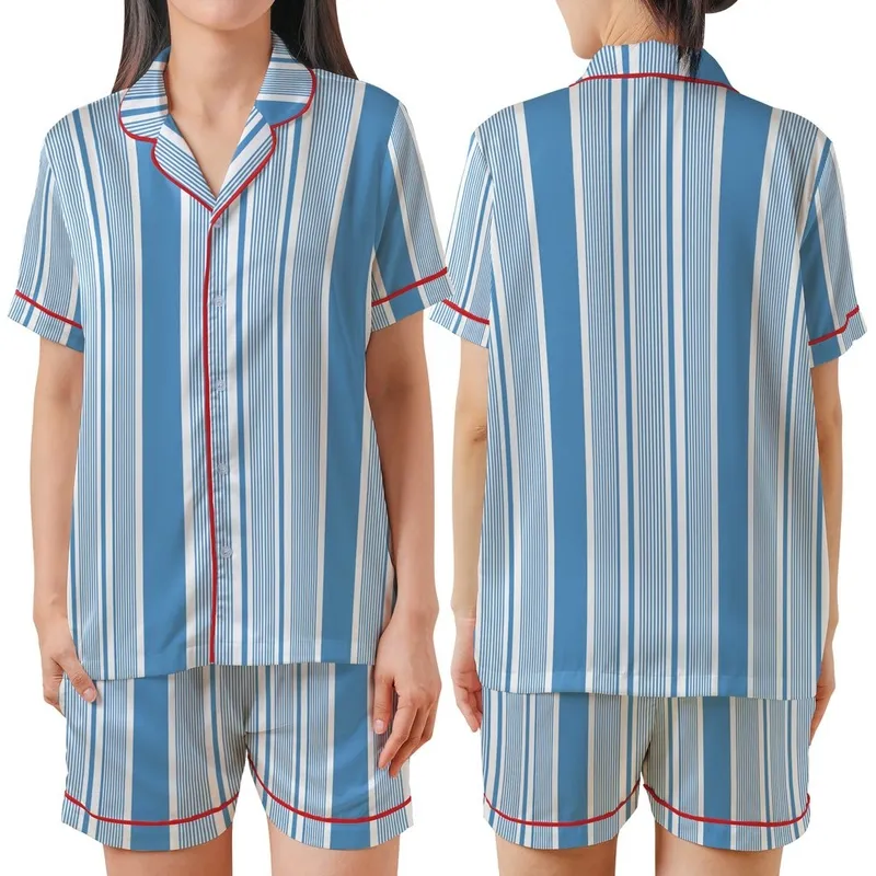 Modern Style Cornflower Blue Pinstripe & Wide Vertical Stripe Geometric Pattern Wearable Satin Short-Sleeve Pajamas Set - 1