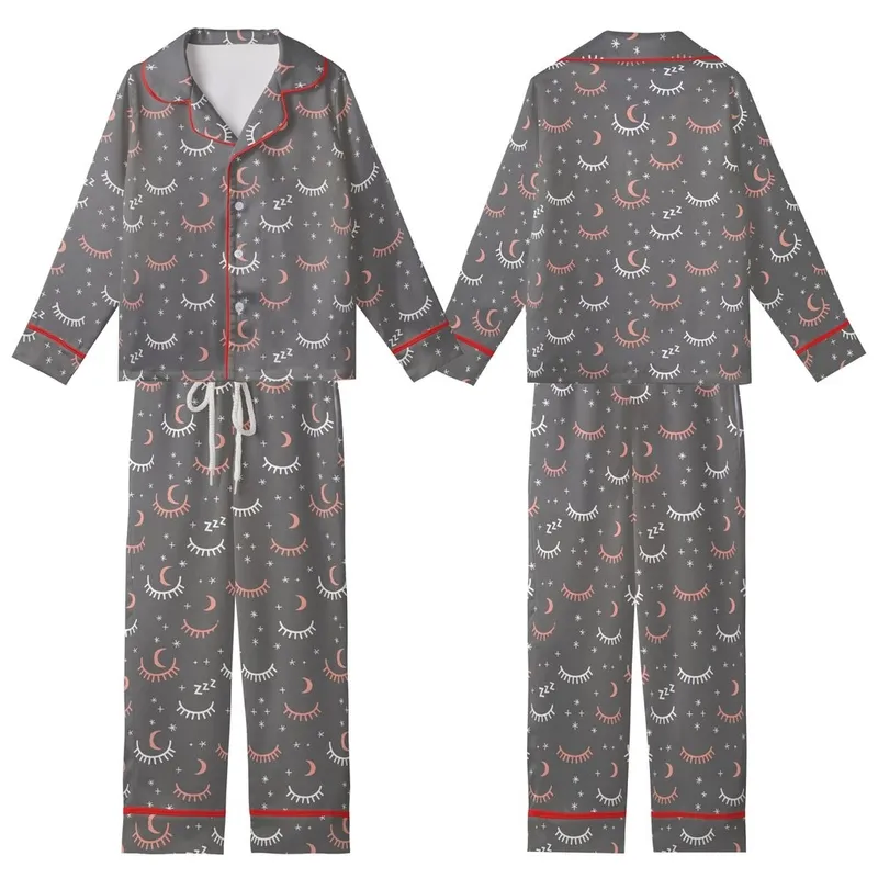 Dreamer's Everyday Essential: Charcoal Heather Sleeping Eye Moon Zzz Pattern Kid Satin Pajamas Set - 1