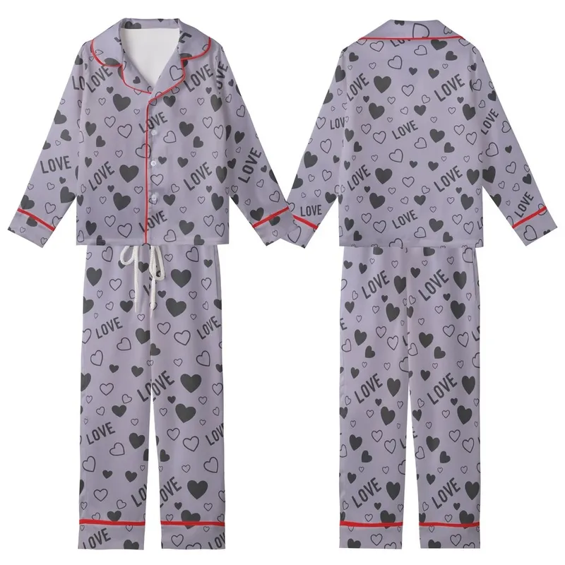 Love-Inspired Muted Lavender Hearts Pattern: Scattered Charcoal Outline Design Kid Satin Pajamas Set - 1