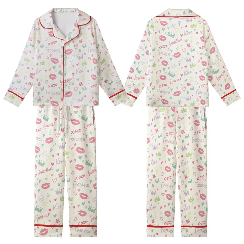 Sweetheart Charm Pastel Doodle Kisses, Crowns & Love Hearts Satin Short-Sleeve Pajamas Set - 1