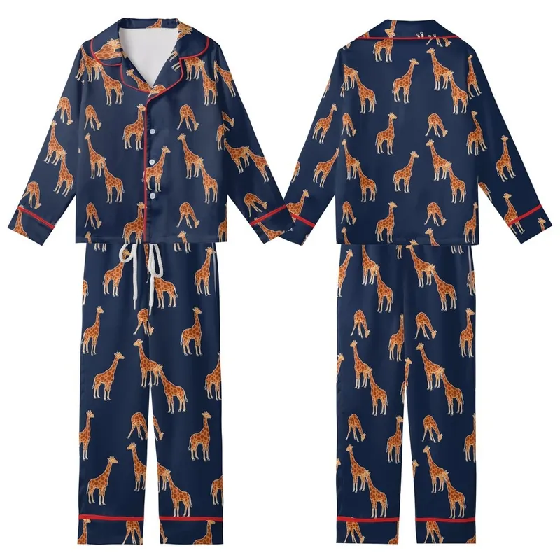 Giraffe Enthusiast's Charming Rusty Orange Brown Irregular Spot Giraffe Deep Navy Fabric Design Kid Satin Pajamas Set - 1
