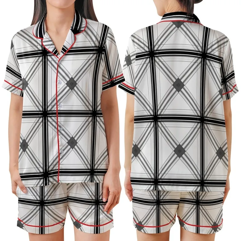 Classic Style Dense Interlaced White Black Gray Tartan Plaid Satin Short-Sleeve Pajamas Set - 1