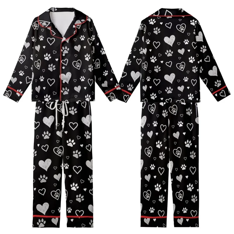 Heart & Paw Fan: Distressed Brush-Stroke Hearts & Paw Prints – Chalky White & Grey Scattered Design Item Kid Satin Pajamas Set - 1