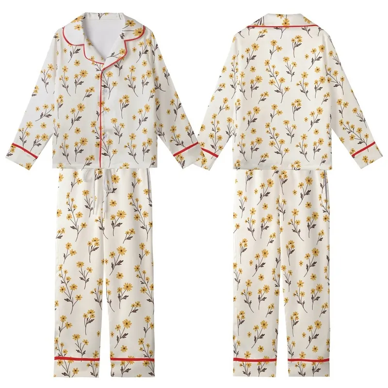 Delicate Wildflower Motif: Hand-Drawn Daisy Blossoms, Creamy Goldenrod & Dark Brown Kid Satin Pajamas Set - 1