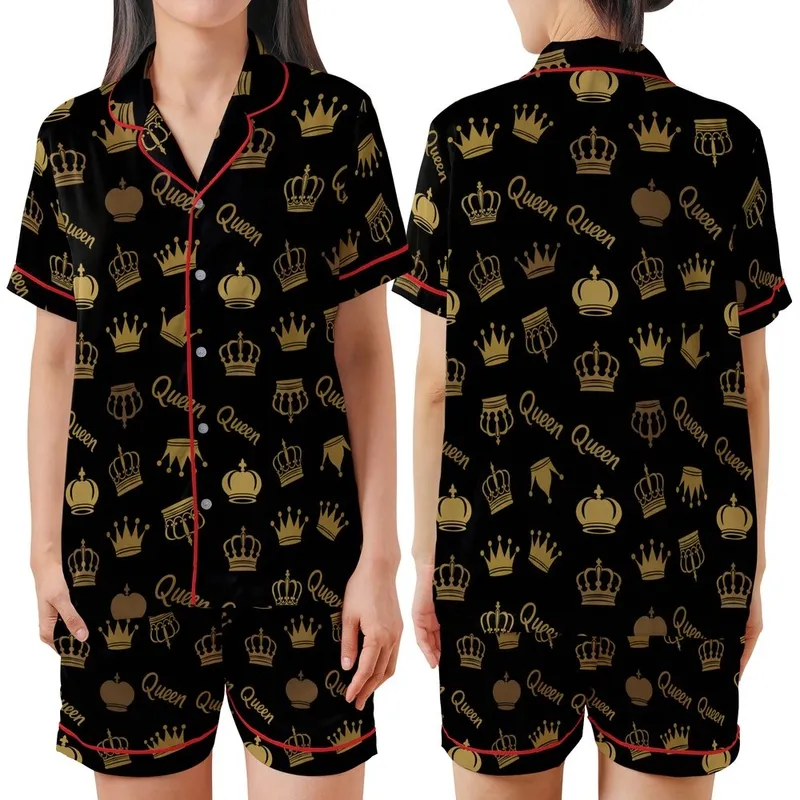 Empowered Queen Regal Gold Bronze Crown Tapestry Wearable Art Satin Short-Sleeve Pajamas Set - 1