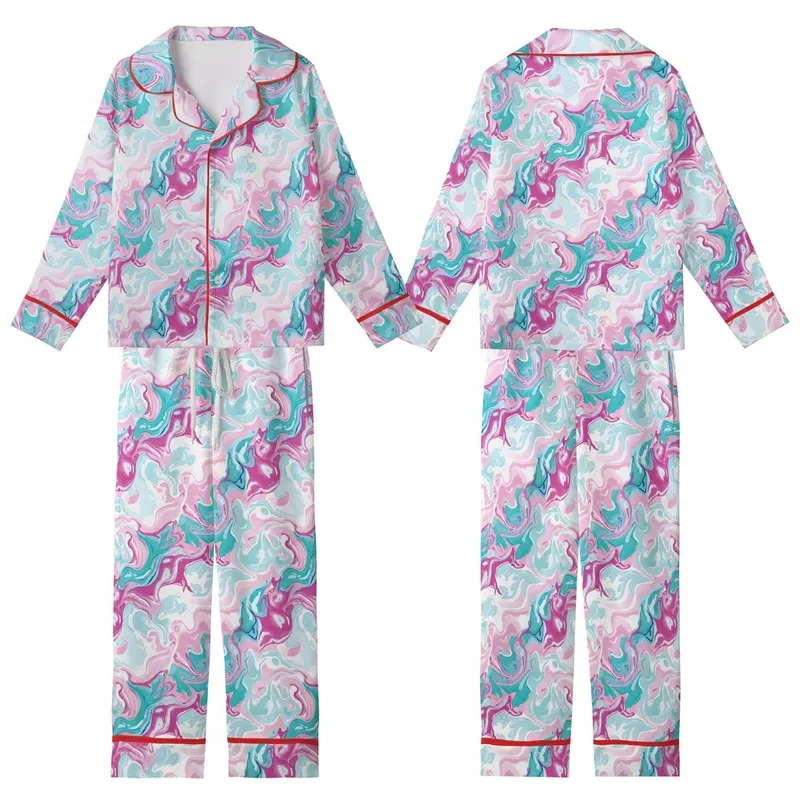 Ethereal Spirit's Abstract Fluid Art: Pastel Pink Blue Teal Fuchsia Marble Swirl Wearable Art Kid Satin Pajamas Set - 1