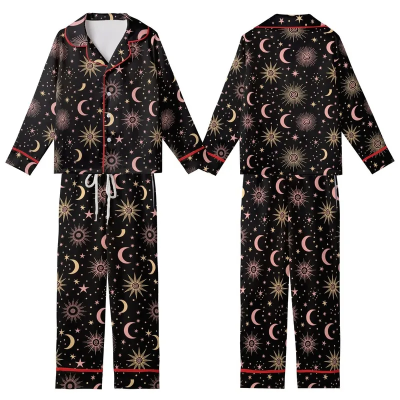 Stargazer's Golden & Rose Celestial Sun Moon Star Pattern - Deep Black Wearable Kid Satin Pajamas Set - VYuaxZz0kk