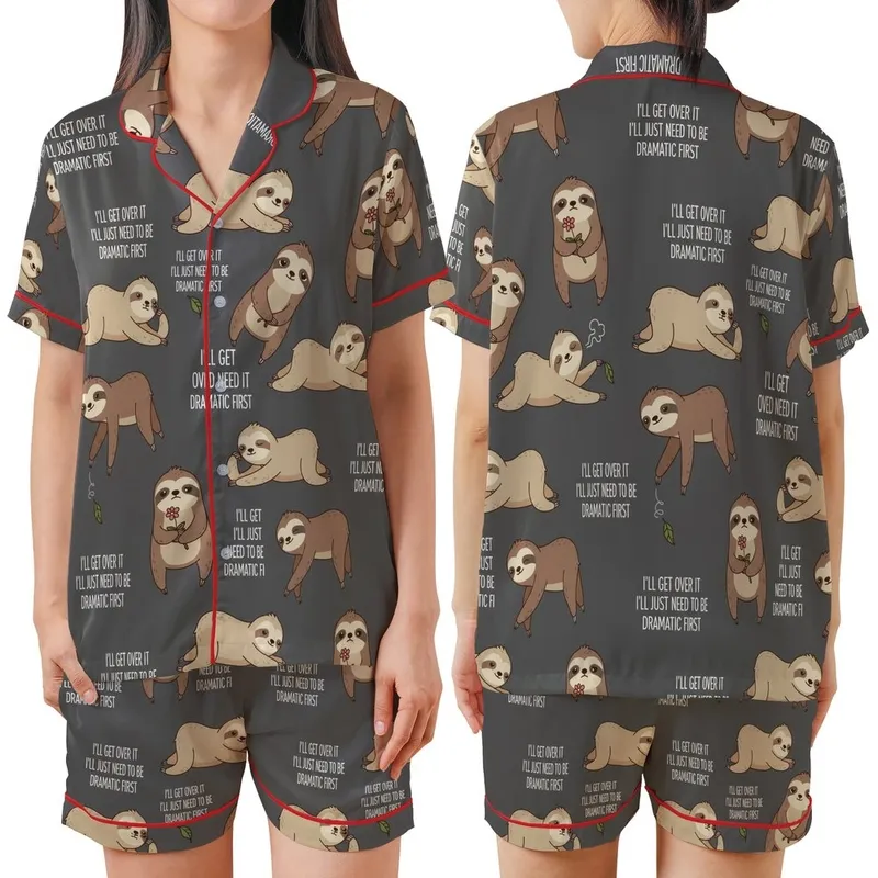 Sloth Lover's Dramatic Cartoon Sloth 'I'll Get Over It' Text Pattern Casual Wear Satin Short-Sleeve Pajamas Set - 1