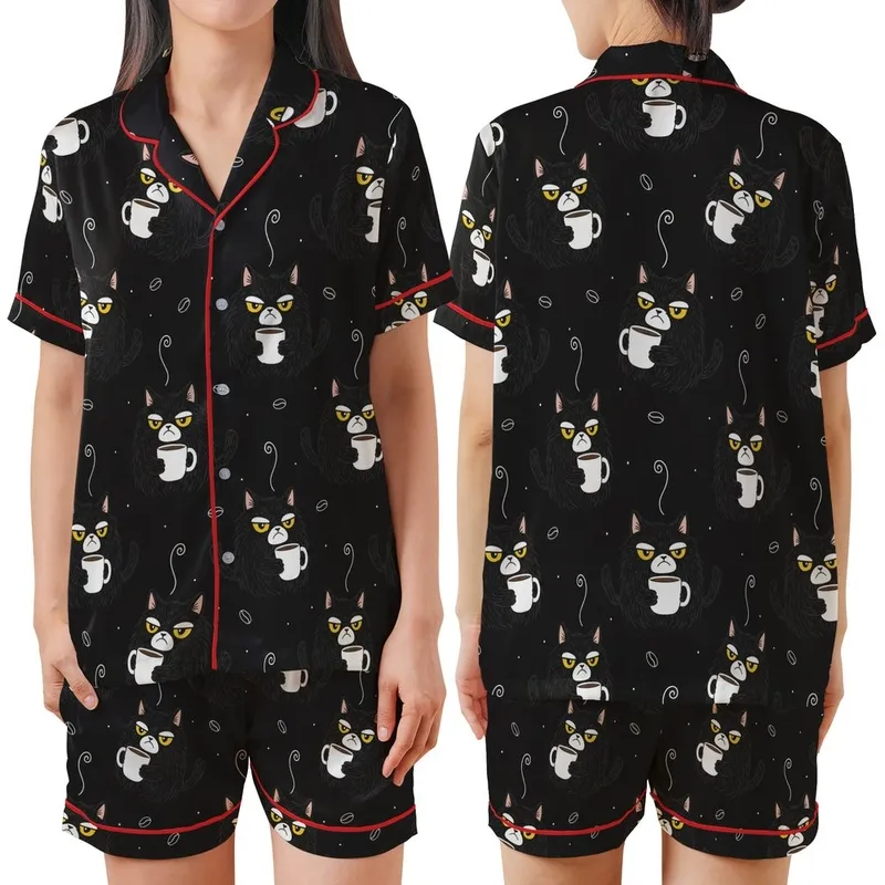 Cat Lover's Grumpy Shaggy Black Cat Coffee Mug Repeating Pattern – Humorous Wearable Art Satin Short-Sleeve Pajamas Set - a032tMfWhB