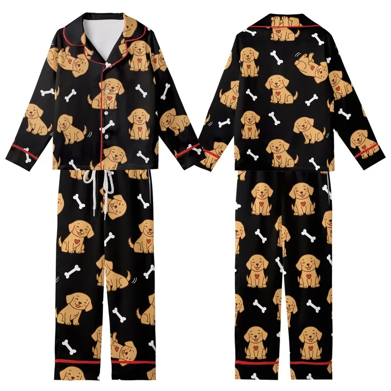 Golden Retriever Lover: Playful Puppies, Rosy Cheeks, Red Hearts & Bones Pattern - Black Background Kid Satin Pajamas Set - 1