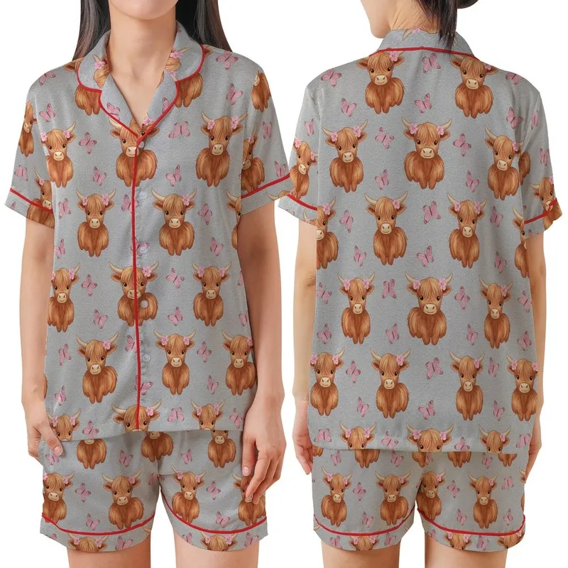 Baby Cow Lover's Reddish-Brown Highland Calf & Delicate Pink Butterfly Heather Grey Pattern Wearable Satin Short-Sleeve Pajamas Set - 1M95eHyE3-