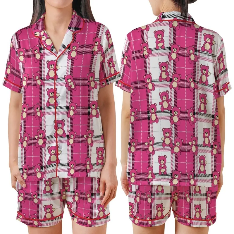 Playful Soul's Loungewear: Vibrant Pink Plaid, Cartoon Bears with Cream Snouts & Hearts Satin Short-Sleeve Pajamas Set - ZyN4Qmp2Qe