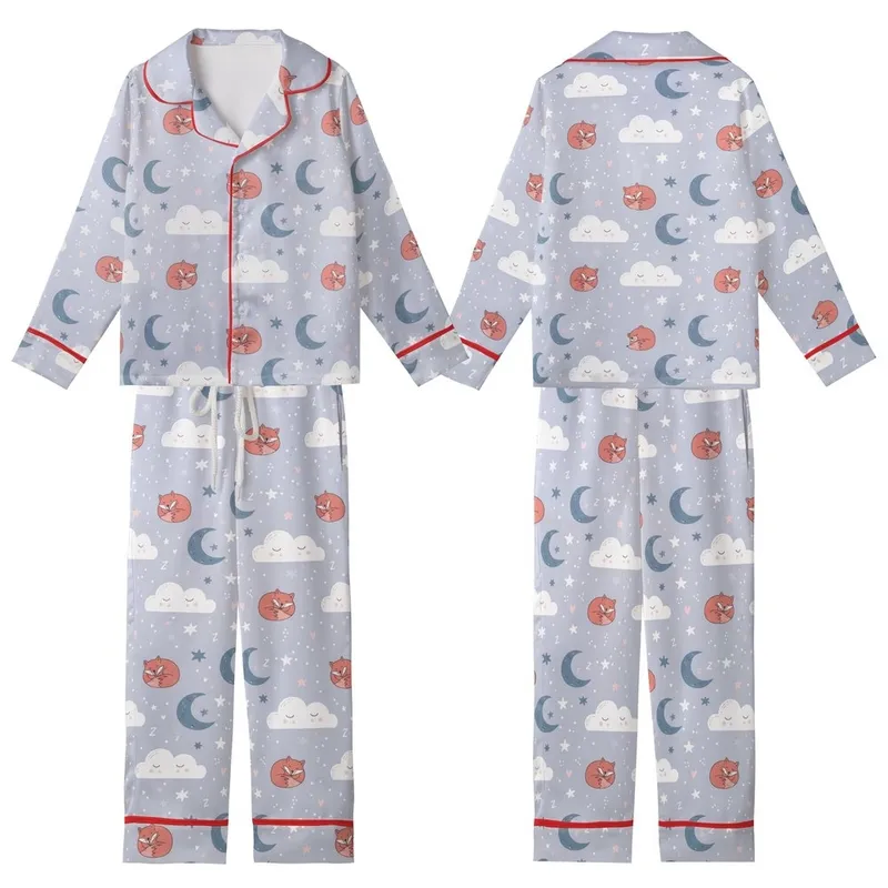 Dreamer's Gentle Slumber: Whimsical Cloud Moon Star Fox Bear Design - Soft Pastel Imagery Kid Satin Pajamas Set - 1