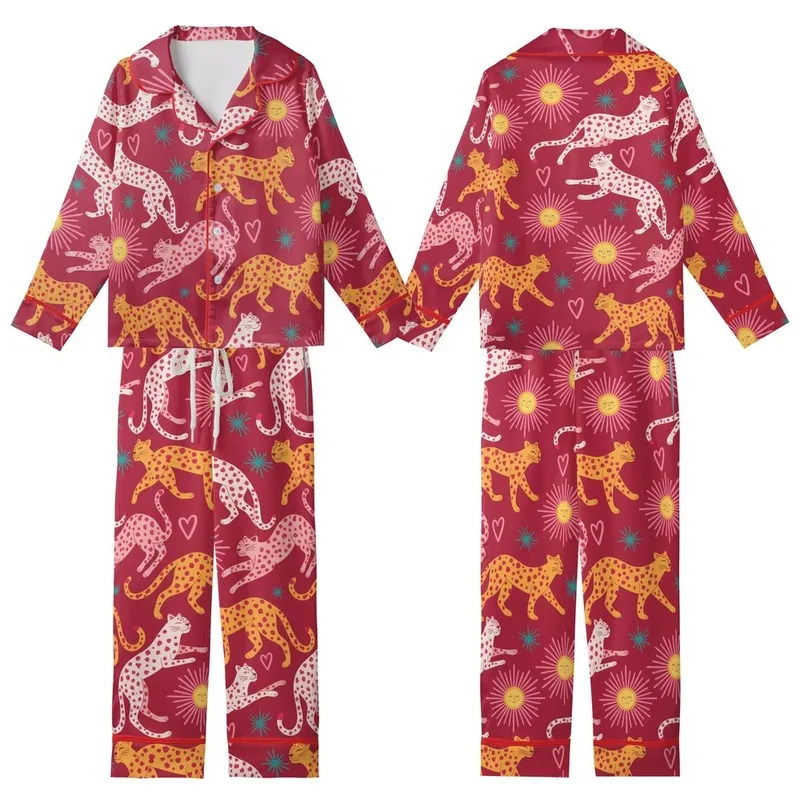 Whimsical Folk Art Leopard Design: Orange-Yellow & Pink Leopards, Crimson, Yellow Suns, Pink Hearts, Teal Starbursts Kid Satin Pajamas Set - 1