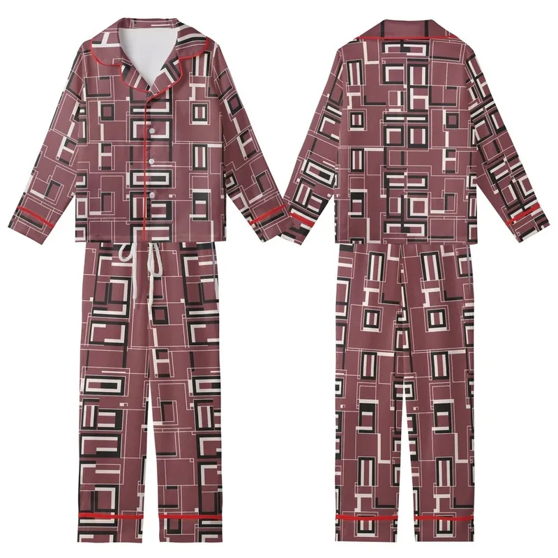 Elegant Wearer: Deep Maroon Black Squares Rectangles Pattern - Crisp White Border Design Kid Satin Pajamas Set - 1
