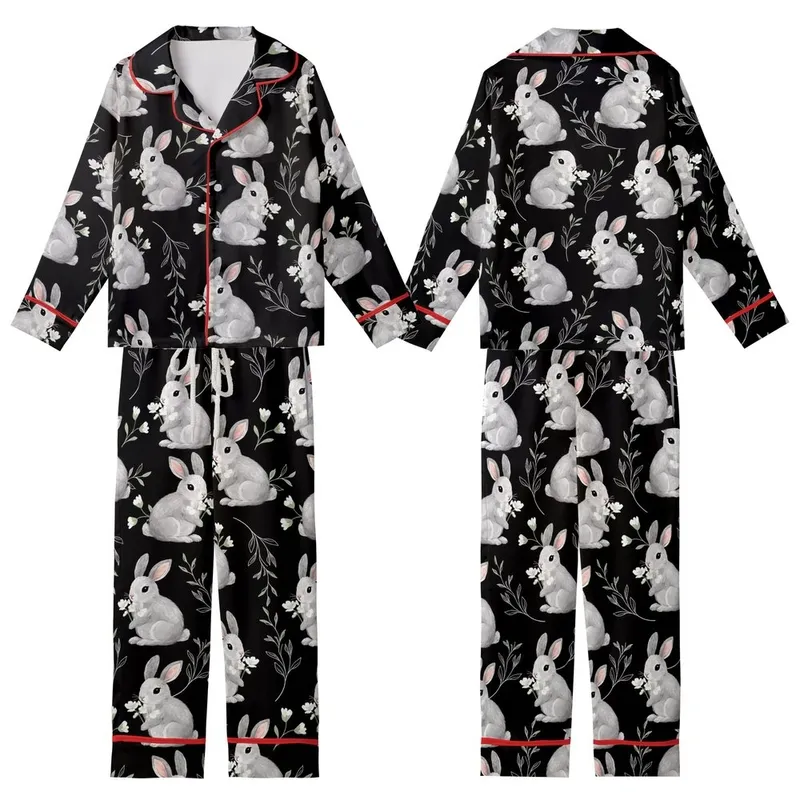 Rabbit Enthusiast's Hyperrealistic Fluffy Grey Bunnies White Flowers Black Foliage Design Kid Satin Pajamas Set - HDZXYaWpNr