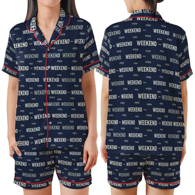 Weekend Enthusiast's Navy Relax Enjoy Typographic Word Print Casual Piece Satin Short-Sleeve Pajamas Set - 1