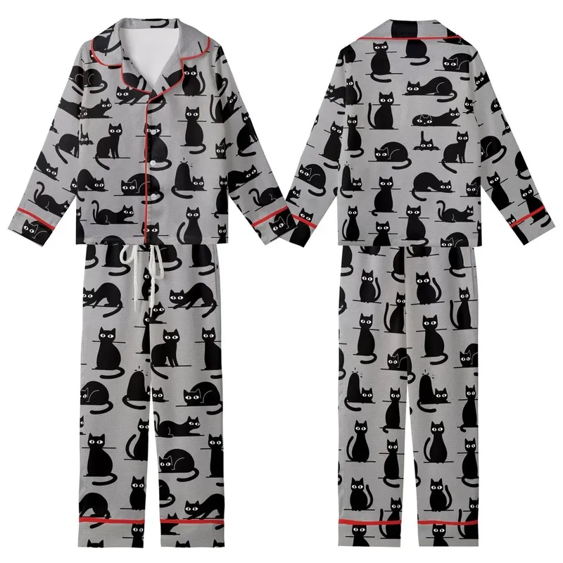 Cat Lover's Playful Black Cat Silhouettes - Heather Grey Wearable Motif Kid Satin Pajamas Set - GnmKCIuMfF