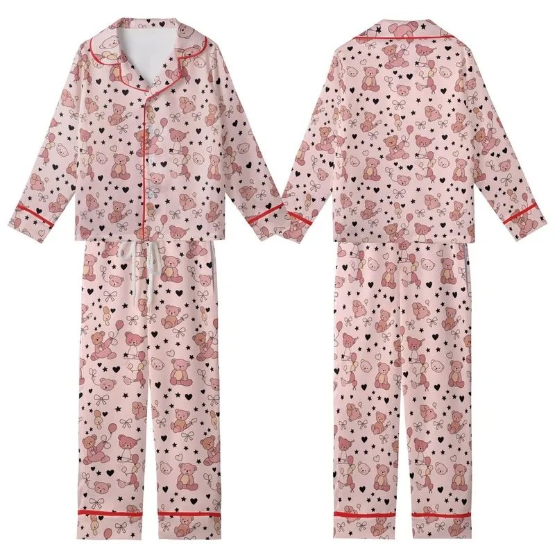 Sweetheart's Pale Pink Teddy Bear Heart Bow Star Scatter Design Cozy Wrap Kid Satin Pajamas Set - 1
