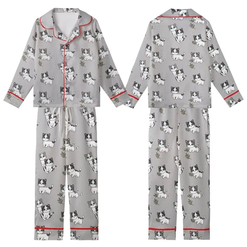 Kitten Lover's Playful Blue-Eyed Kittens with Leafy Branches: Heather Grey Cozy Wearable Art Kid Satin Pajamas Set - oeCHyyAD42