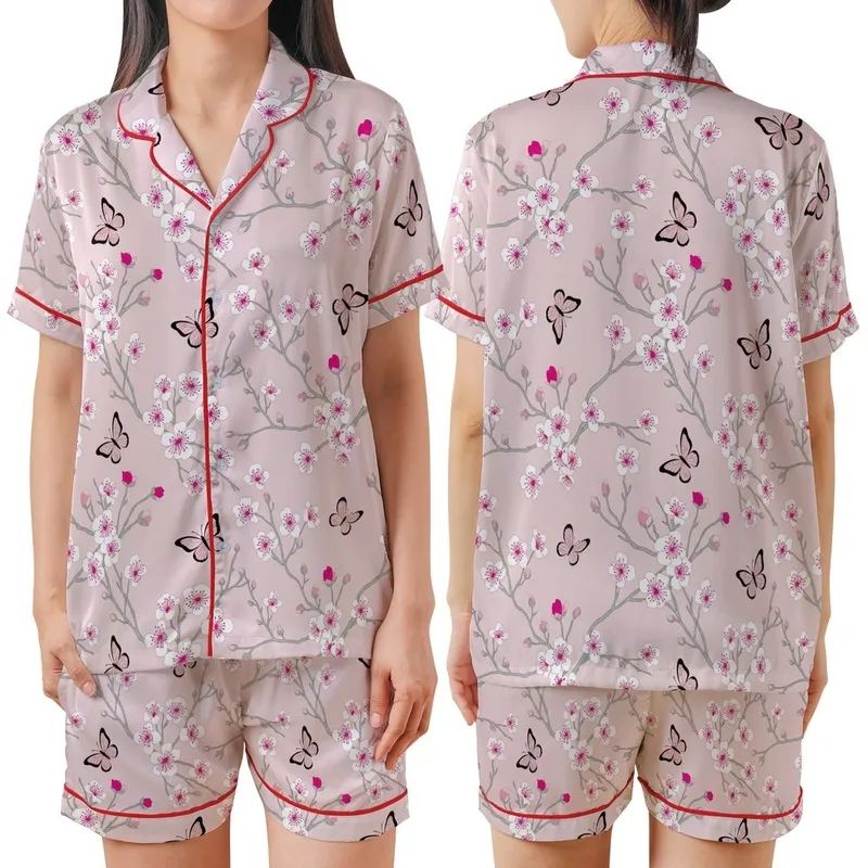 Cherry Blossom Butterfly Delicate White Pink Fuchsia Floral Scatter Design Kid Satin Pajamas Set - 1
