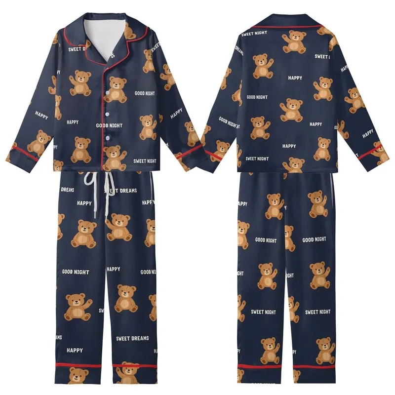 Sweet Dreams Lover: Playful Teddy Bear & Happy Text Pattern - Dark Navy Comfort Attire Kid Satin Pajamas Set - 1