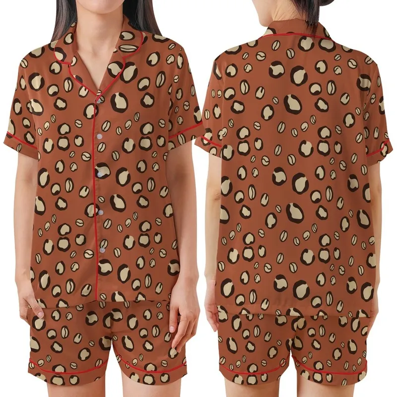 Coffee Lover Chic: Warm Russet Leopard Spot & Coffee Bean Design - Tan Beige Wearable Satin Short-Sleeve Pajamas Set - 1